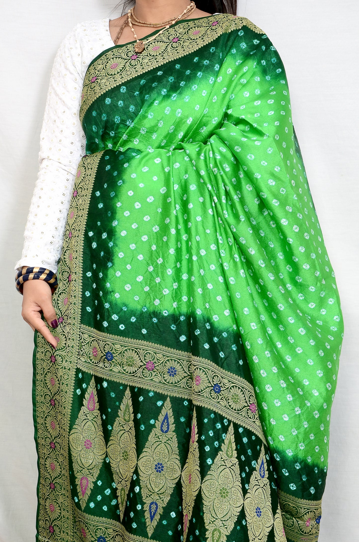 Parrot green and bottle Green Dupion Silk Bandhani Saree
