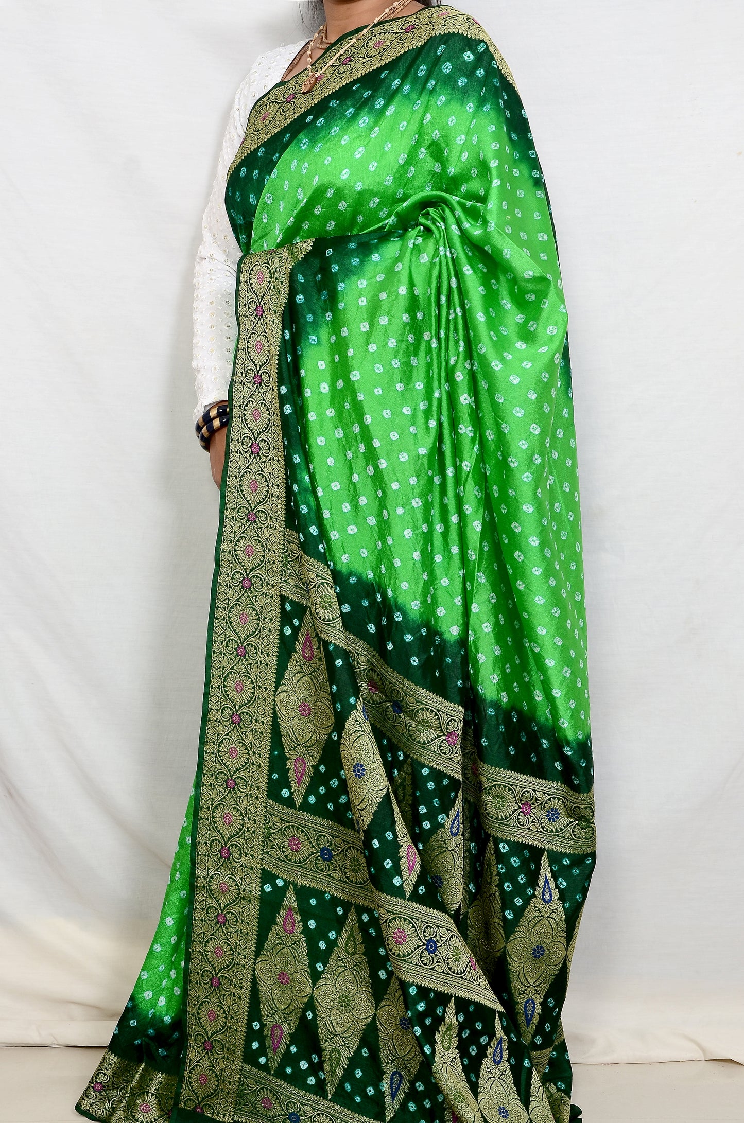 Parrot green and bottle Green Dupion Silk Bandhani Saree