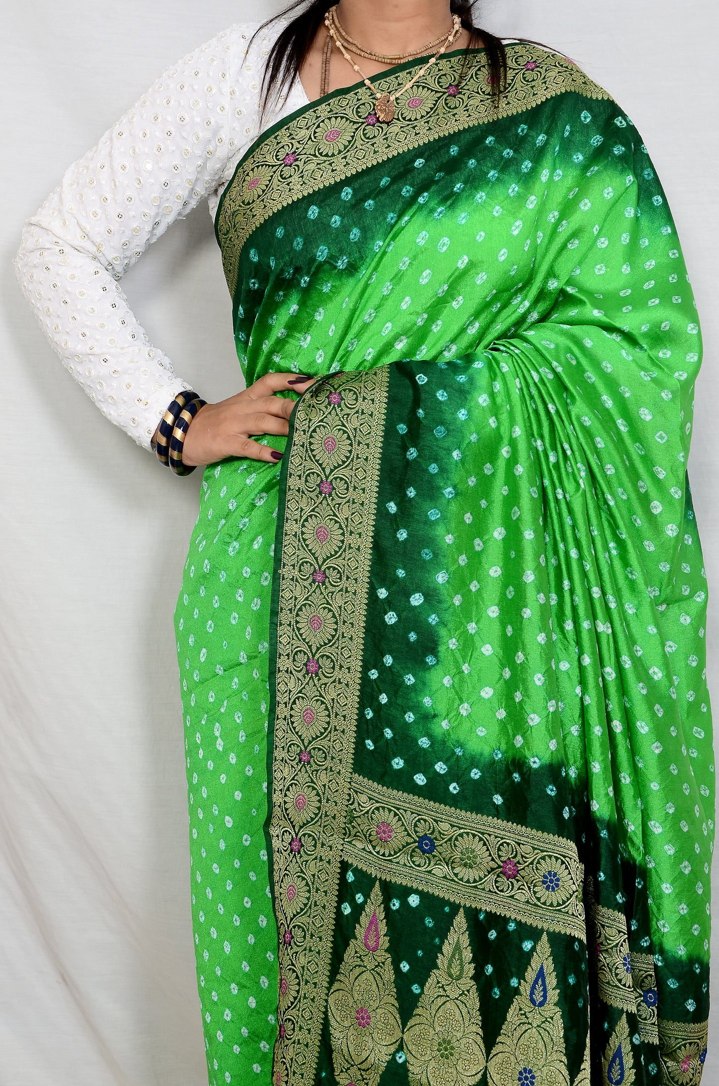 Parrot green and bottle Green Dupion Silk Bandhani Saree