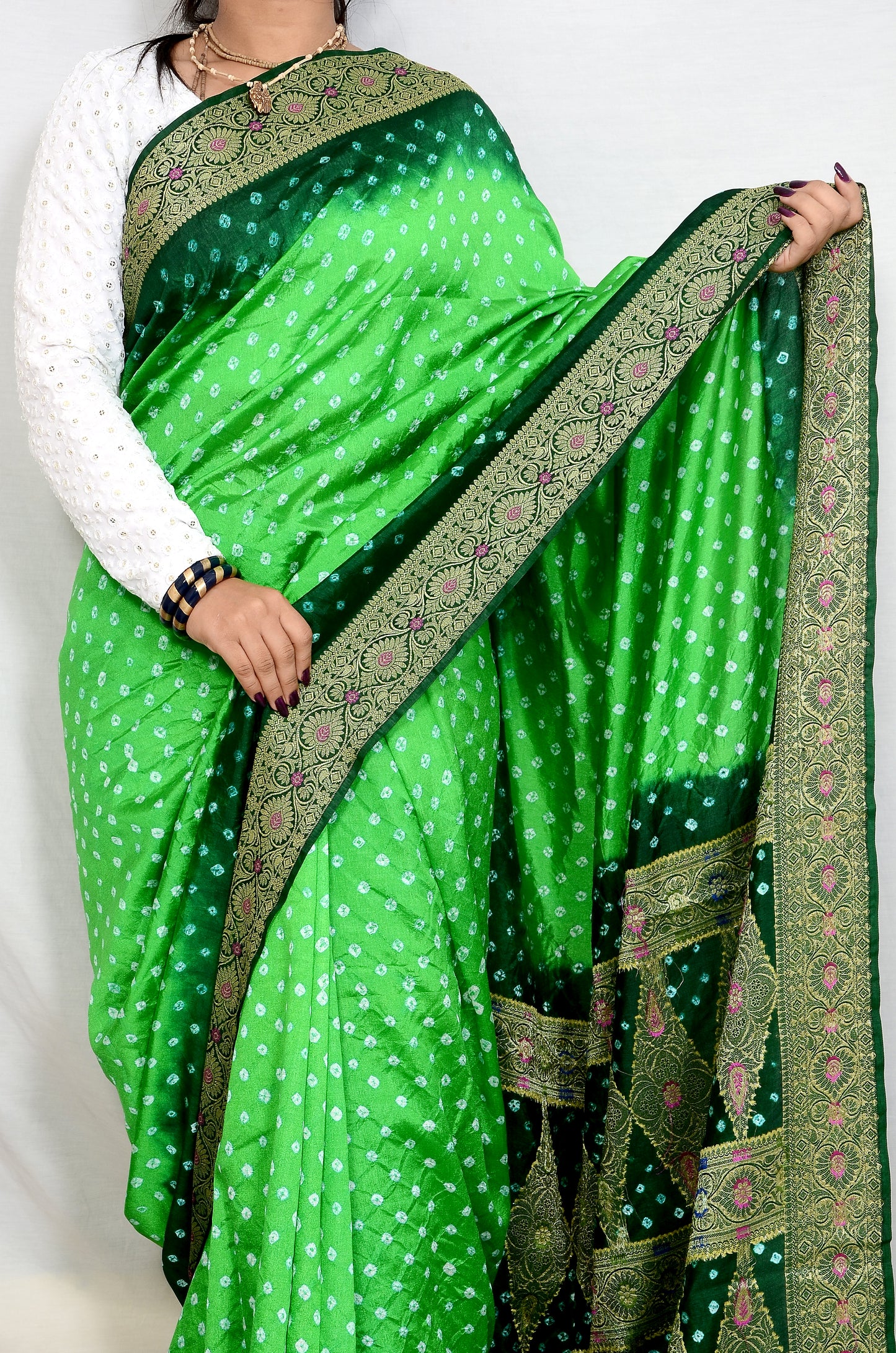 Parrot green and bottle Green Dupion Silk Bandhani Saree