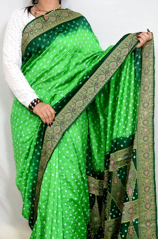 Parrot green and bottle Green Dupion Silk Bandhani Saree