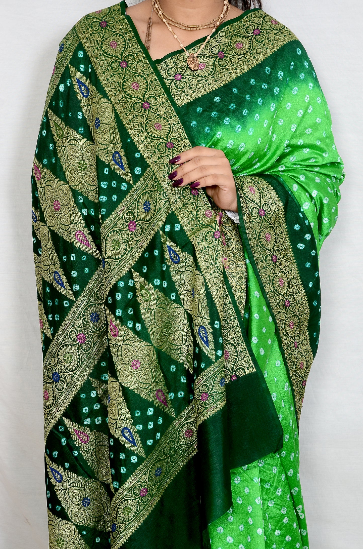 Parrot green and bottle Green Dupion Silk Bandhani Saree