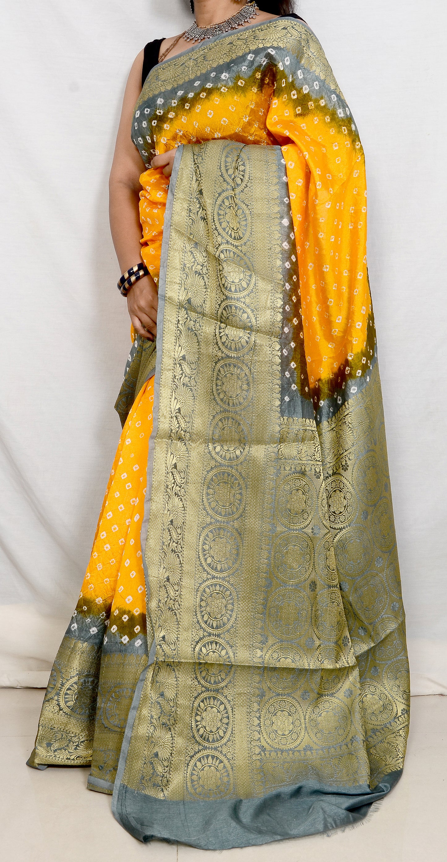 Bright yellow and Grey Dupion Silk Bandhani Saree