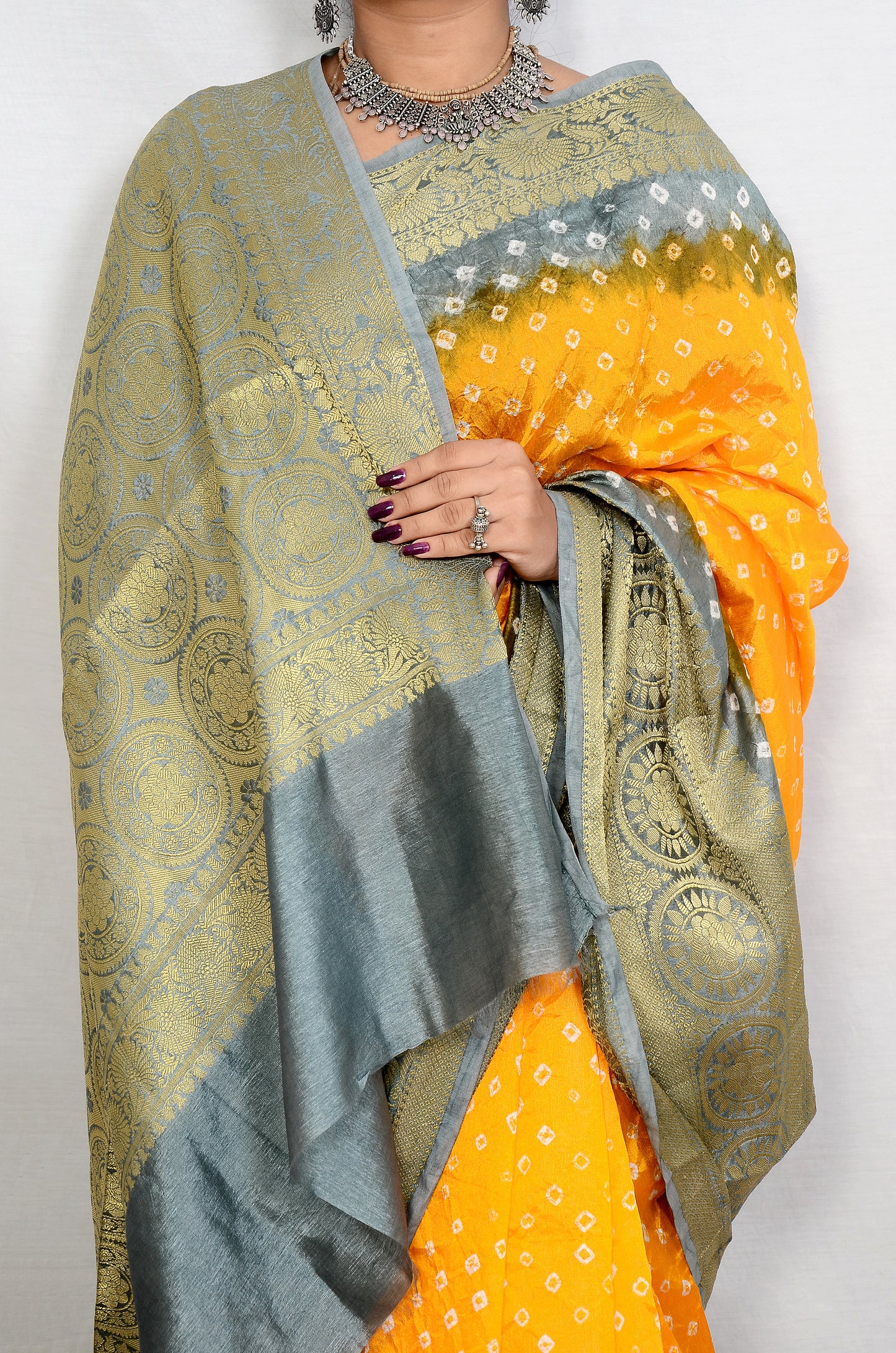 Bright yellow and Grey Dupion Silk Bandhani Saree