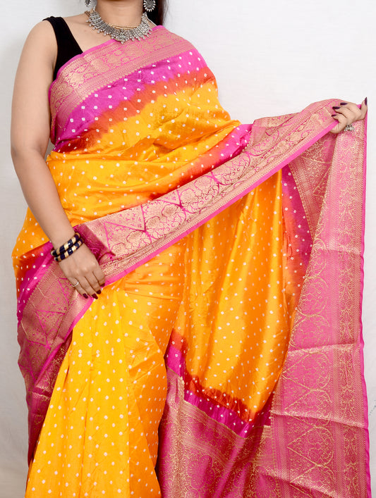 Bright yellow and Pink Dupion Silk Bandhani Saree
