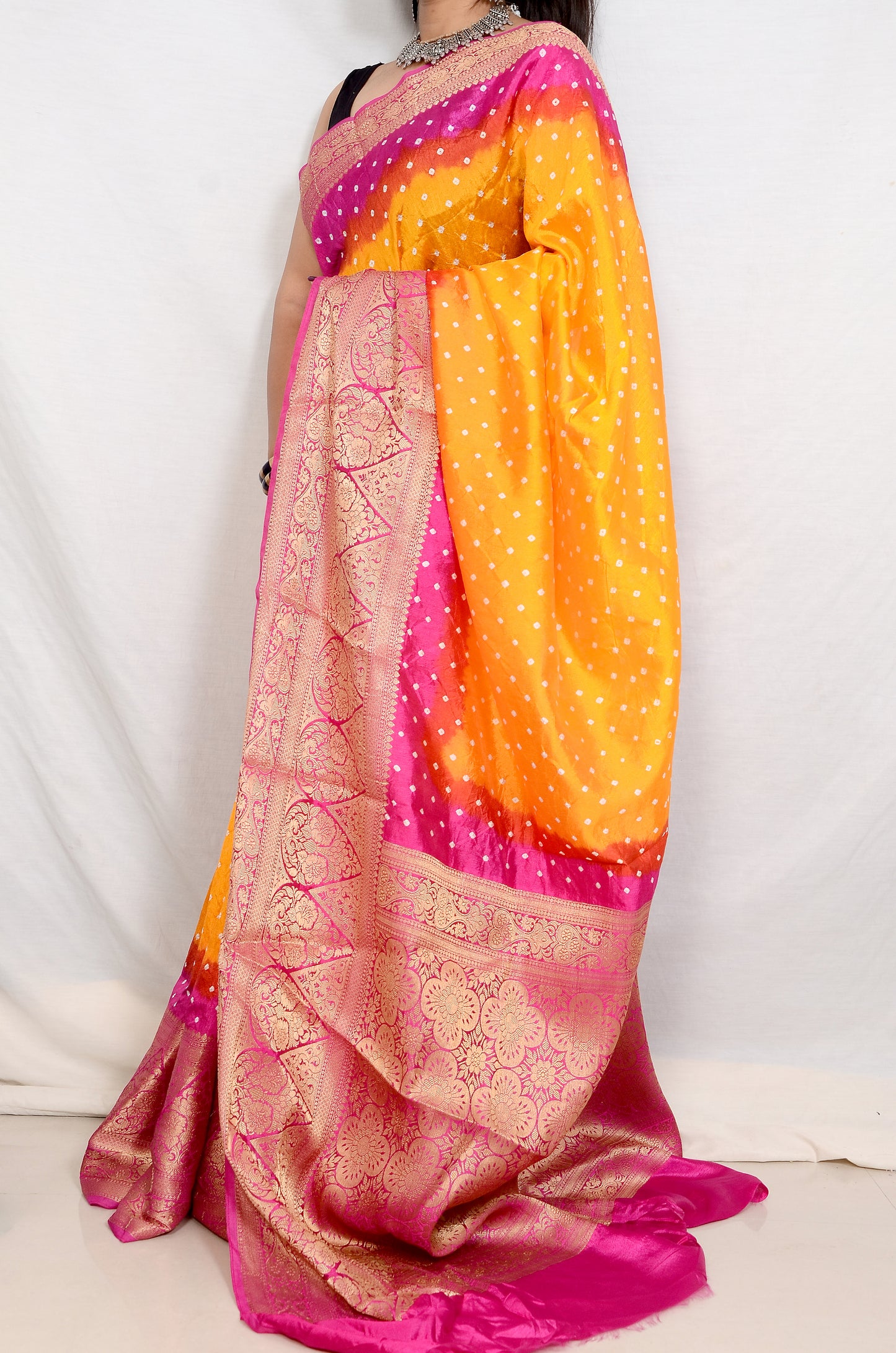 Bright yellow and Pink Dupion Silk Bandhani Saree