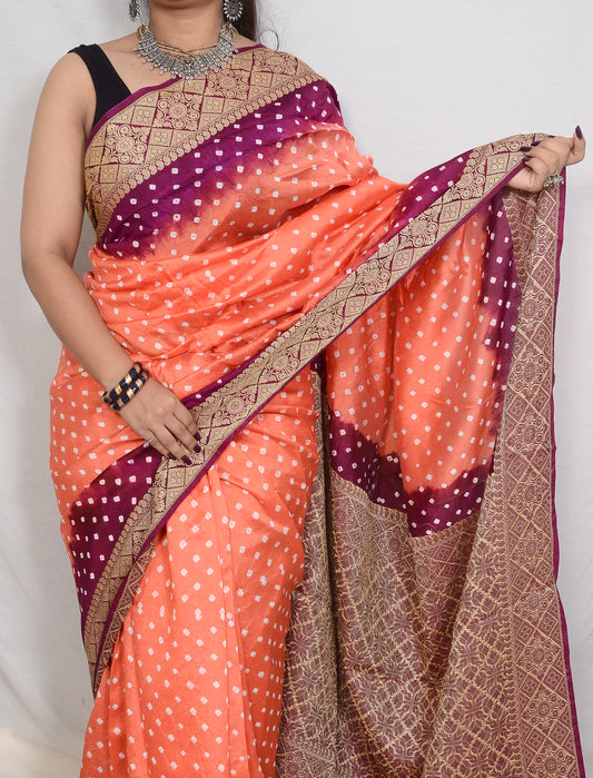 Peach orange and Wine Dupion Silk Bandhani Saree