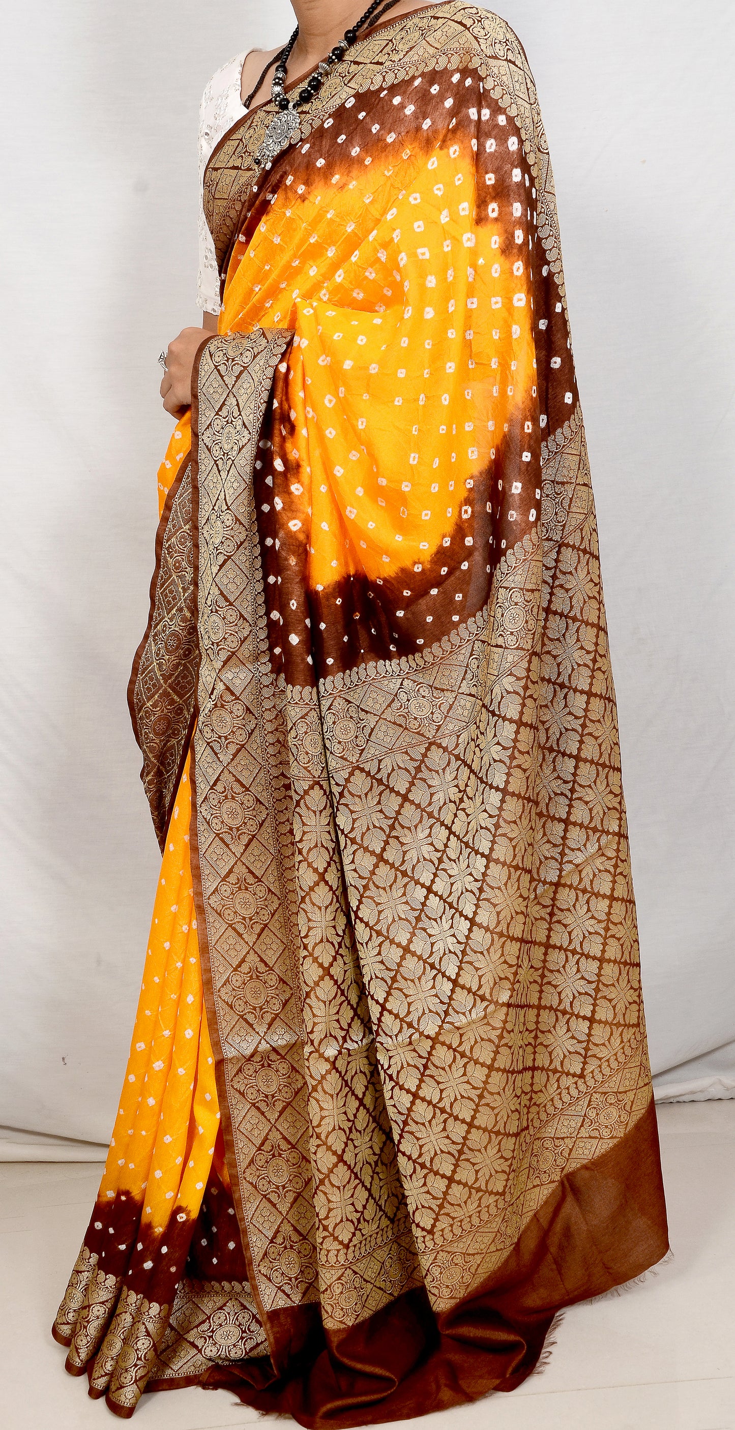 Maroon and bright yellow dupion silk bandhani saree