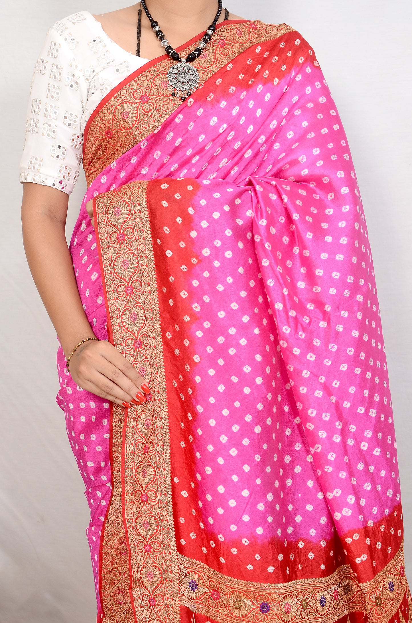 Rani Pink and Bright Red Dupion Silk Bandhani Saree