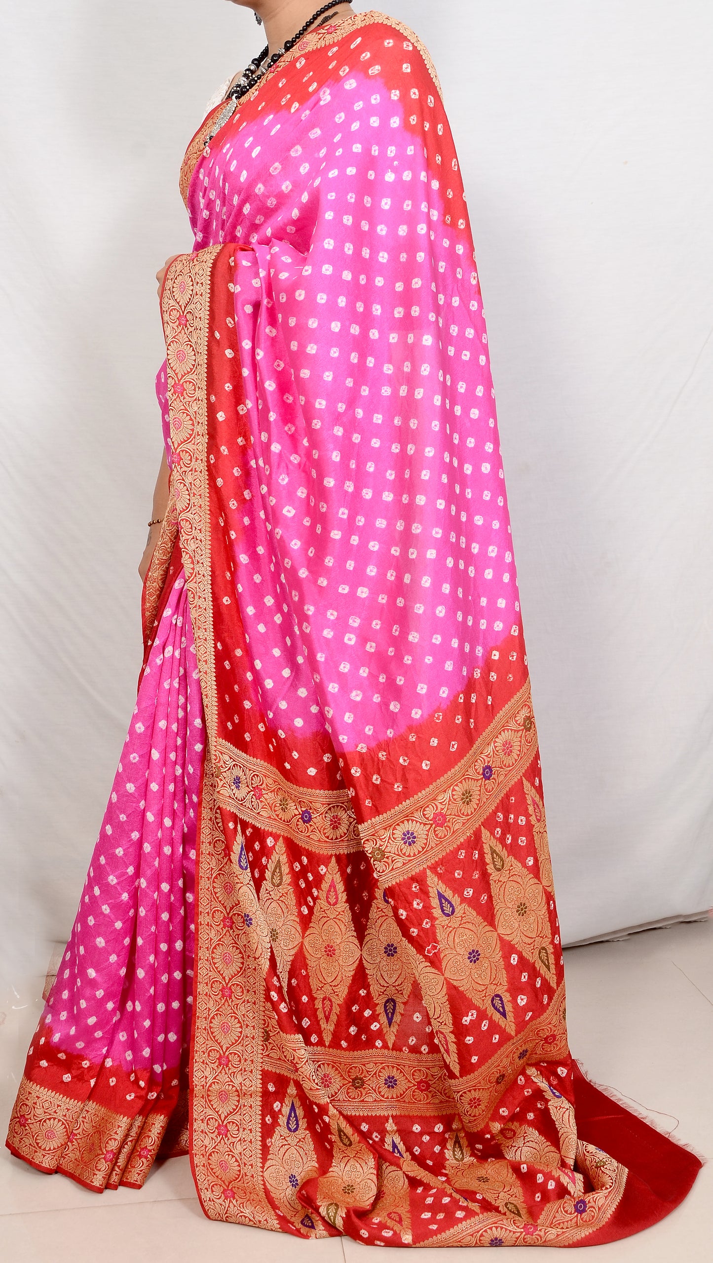 Rani Pink and Bright Red Dupion Silk Bandhani Saree