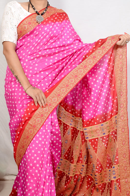 Rani Pink and Bright Red Dupion Silk Bandhani Saree