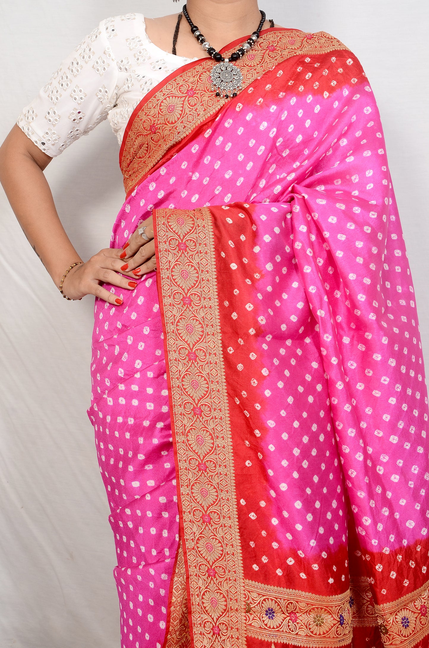 Rani Pink and Bright Red Dupion Silk Bandhani Saree
