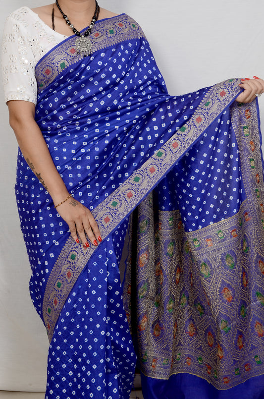 Blue Dupion Silk Bandhani Saree
