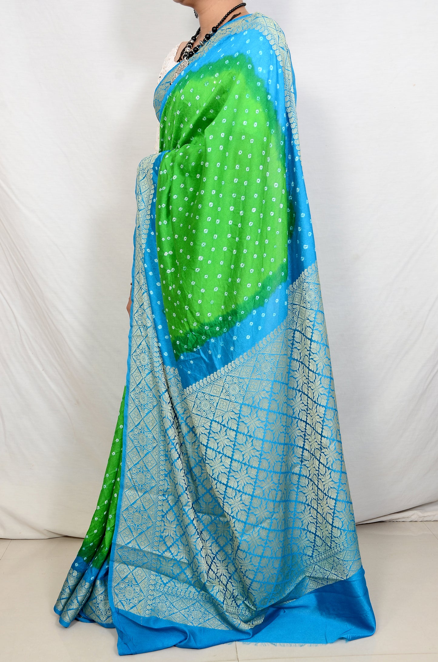 Parrot green and Dark Sky blue dupion silk bandhani saree