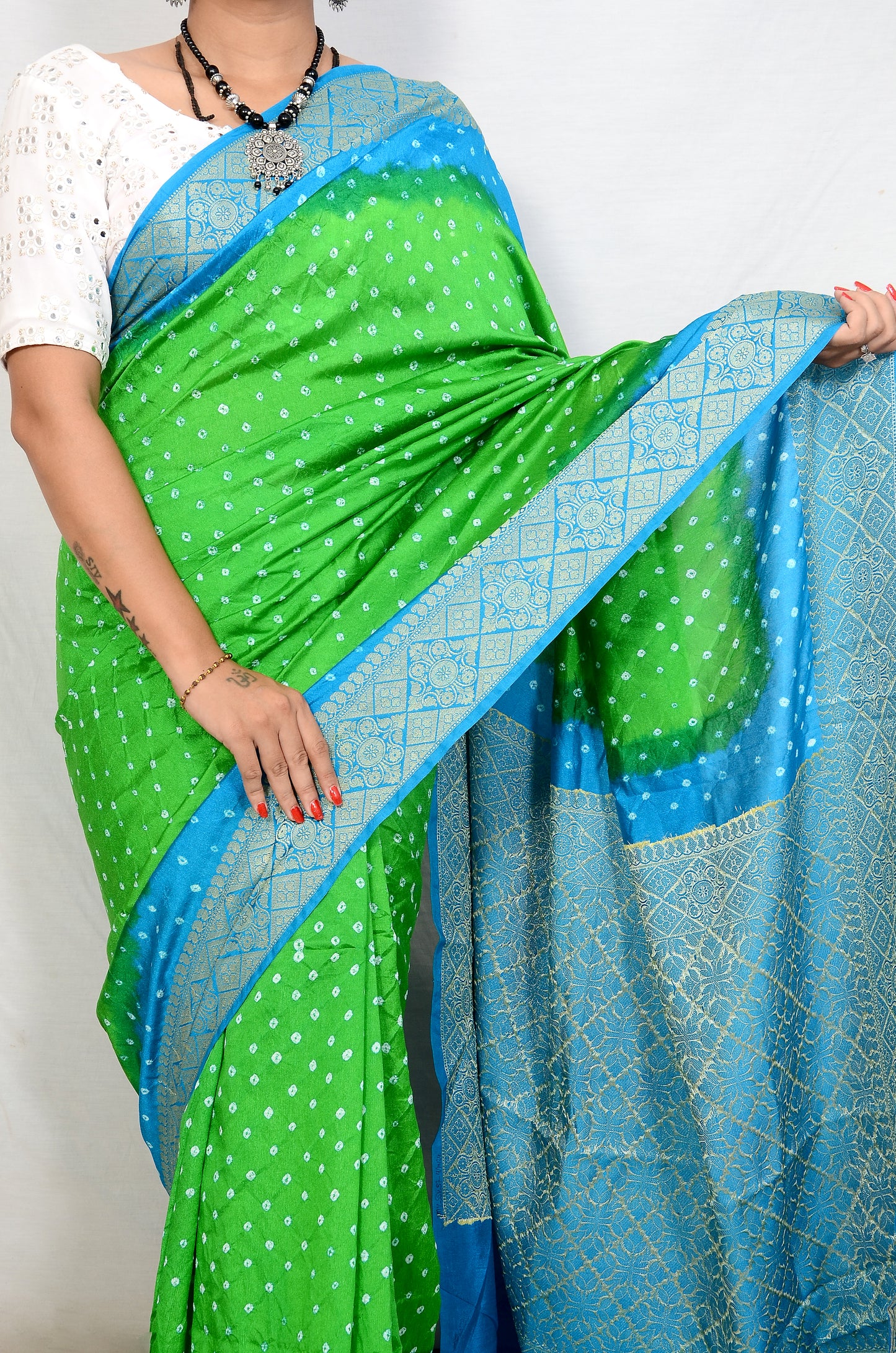 Parrot green and Dark Sky blue dupion silk bandhani saree