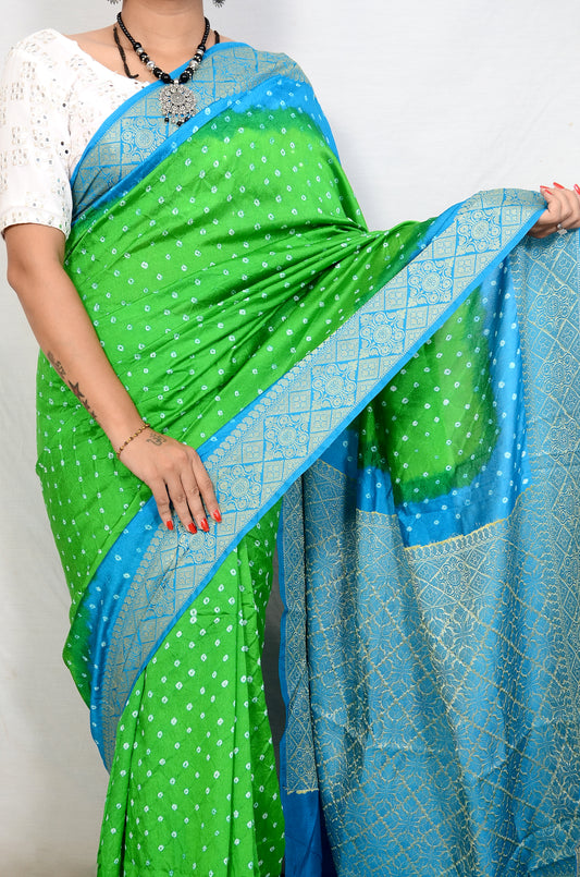 Parrot green and Dark Sky blue dupion silk bandhani saree