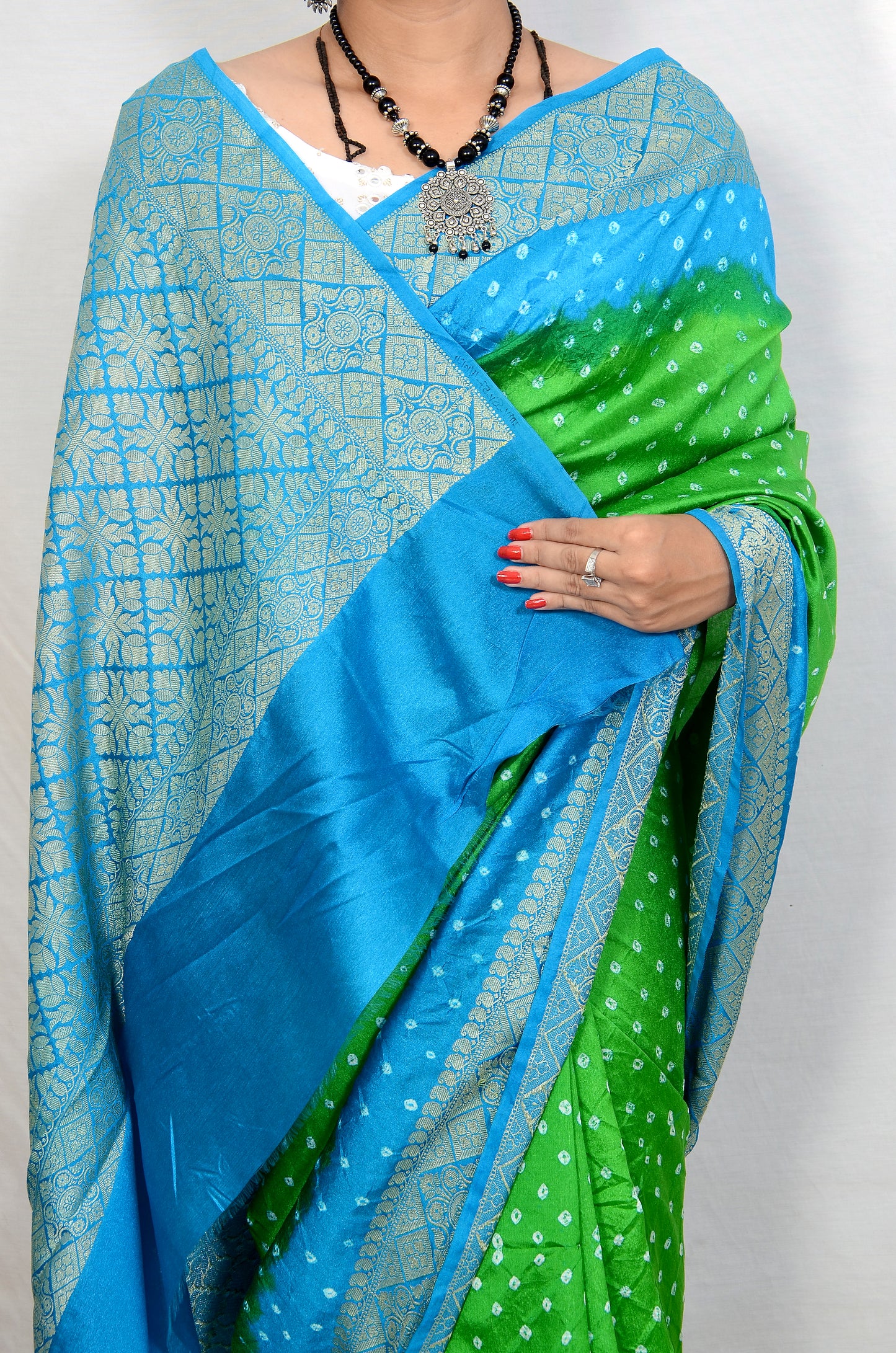 Parrot green and Dark Sky blue dupion silk bandhani saree