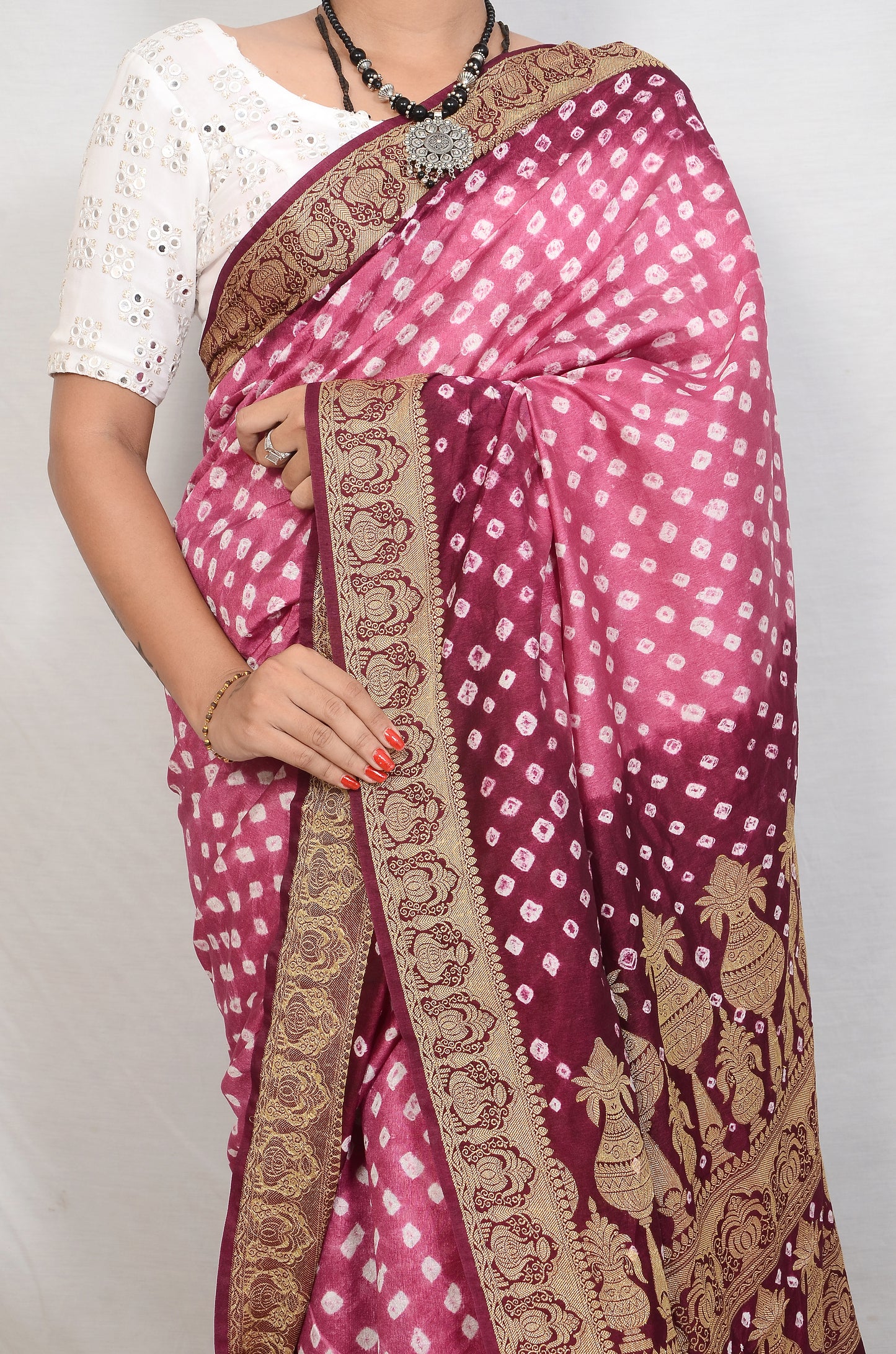 Pink and Maroon Dupion Silk Bandhani Saree
