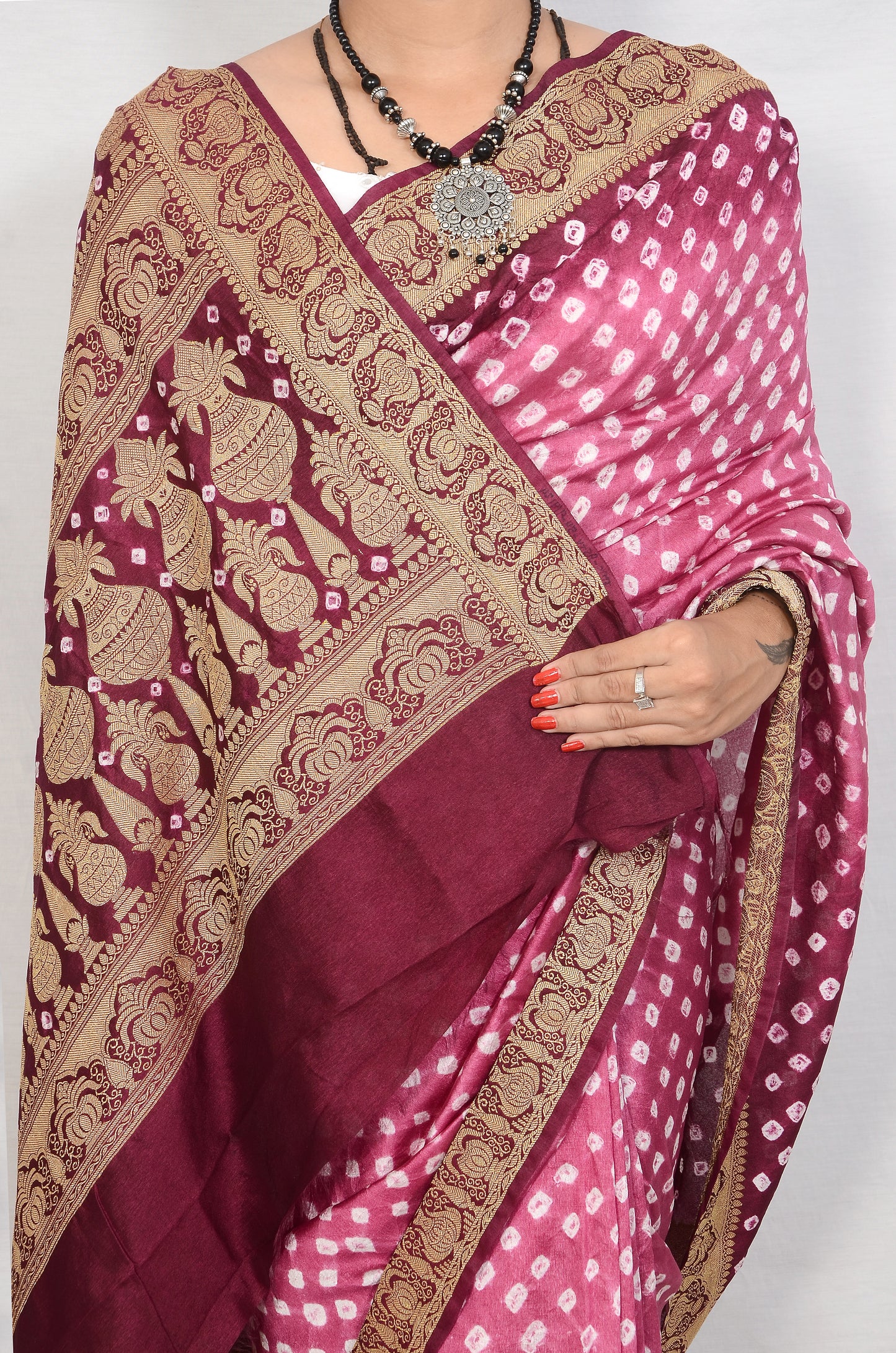 Pink and Maroon Dupion Silk Bandhani Saree