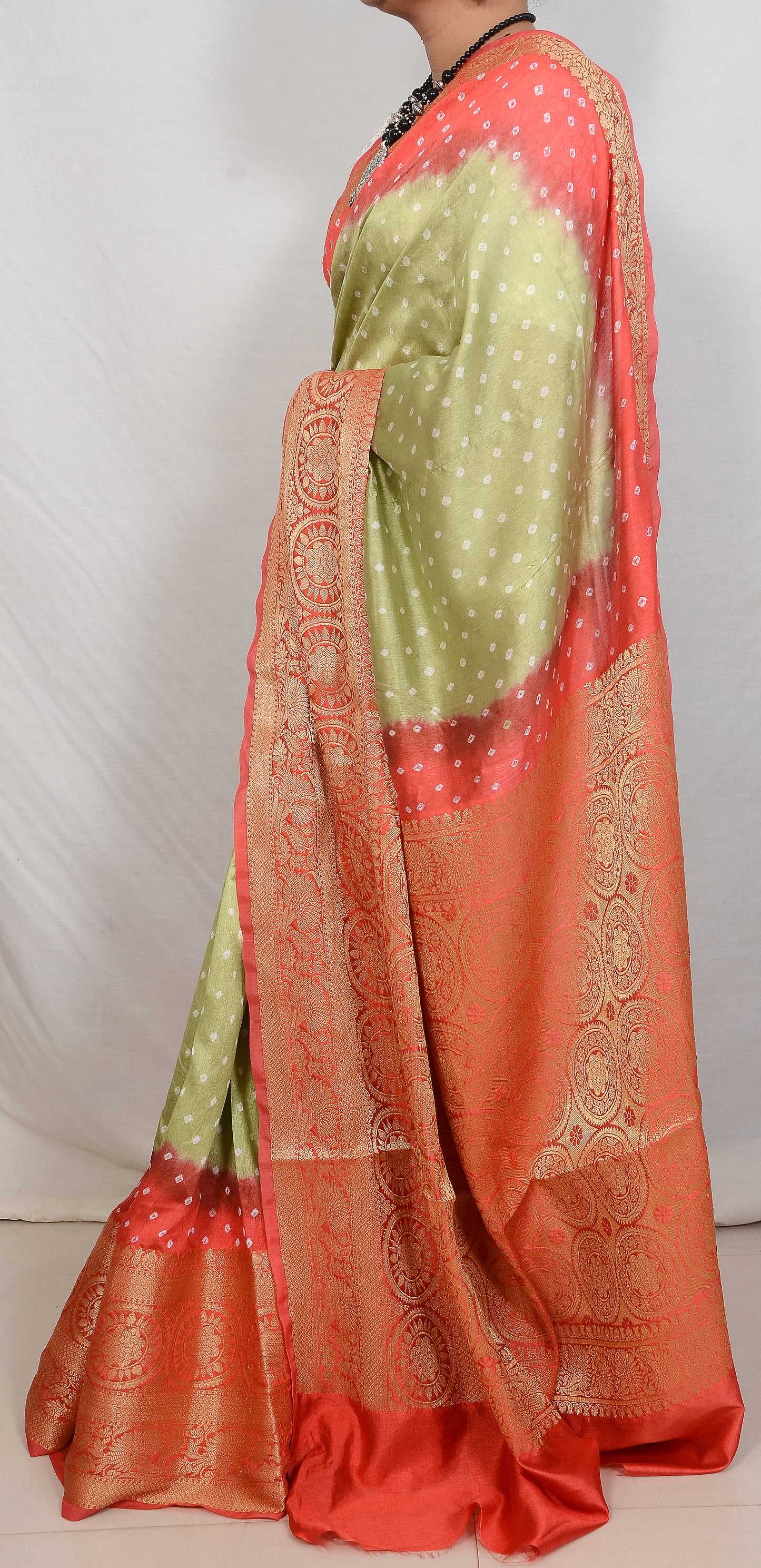 Parrot green and Orange Dupion Silk Bandhani Saree