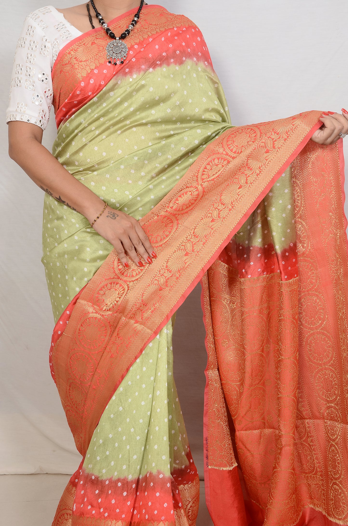 Parrot green and Orange Dupion Silk Bandhani Saree