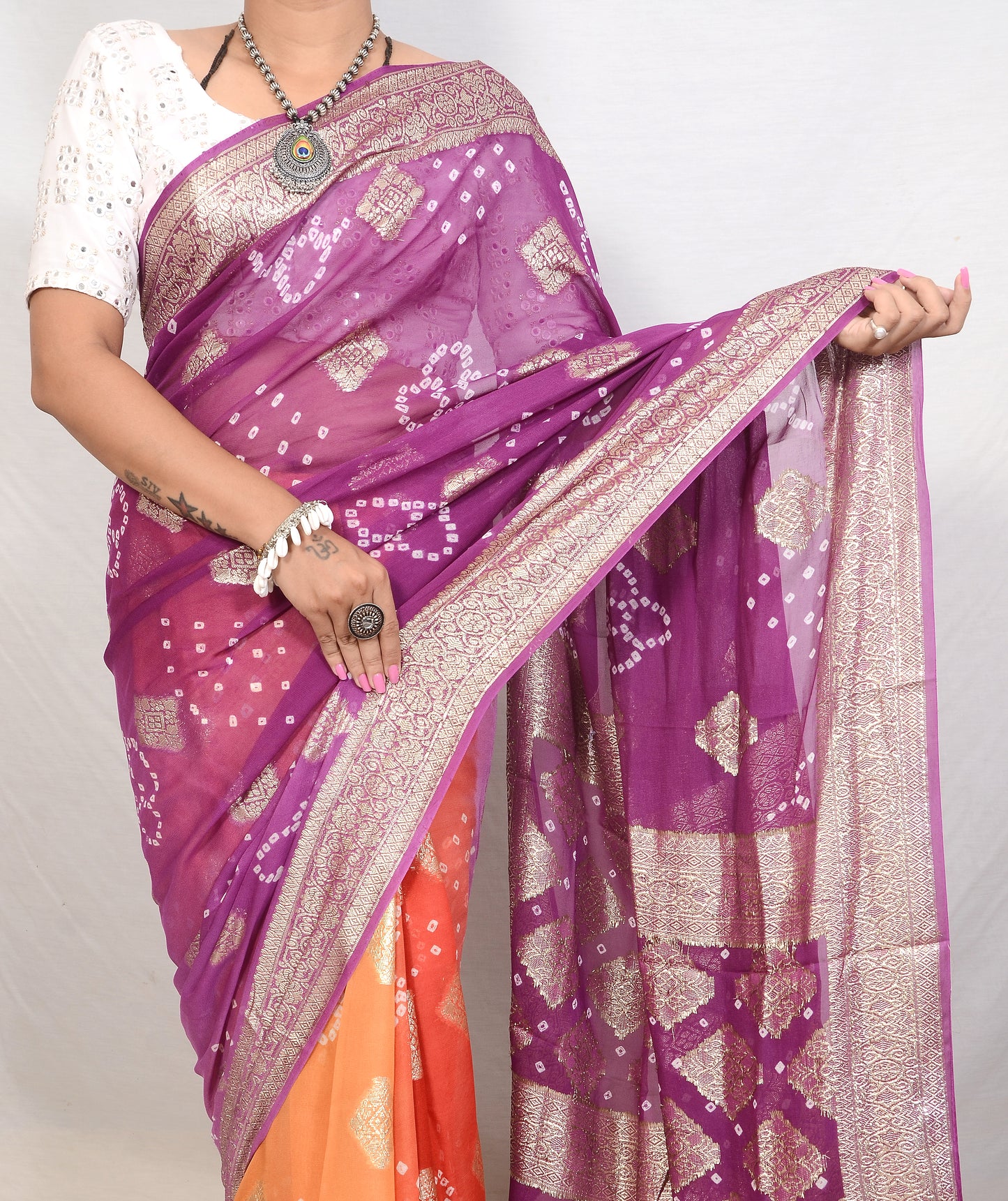 Light Purple And Orange  Vegan Georgette Bandhani Saree