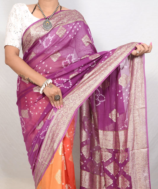 Light Purple And Orange  Vegan Georgette Bandhani Saree