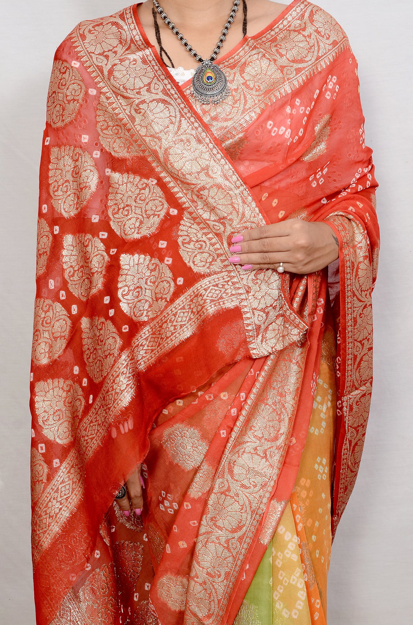 Red orange and parrot green Vegan Georgette Bandhani Saree (Copy)