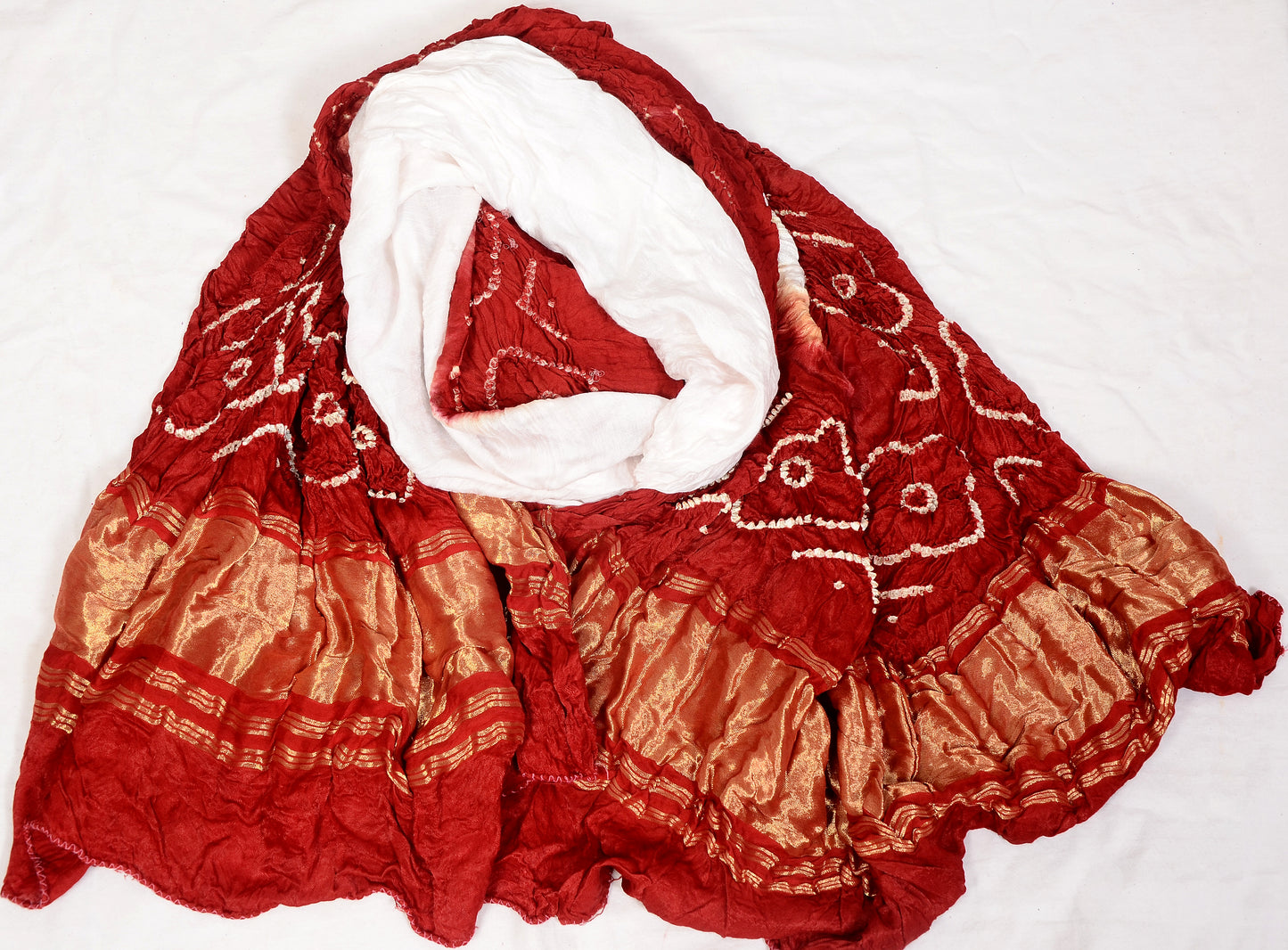 Red and white kasumbo design modal silk dupatta