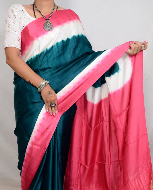 Whispering Motifs Rani Pink and Green Modal Silk saree