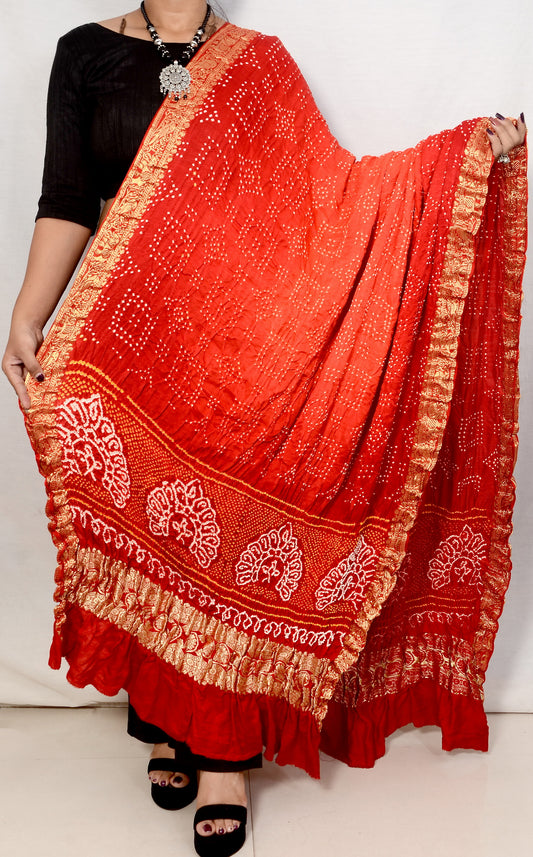 Handcrafted Pure Gajji Silk Bandhani Dupatta – Red & Orange Rai Bandhe