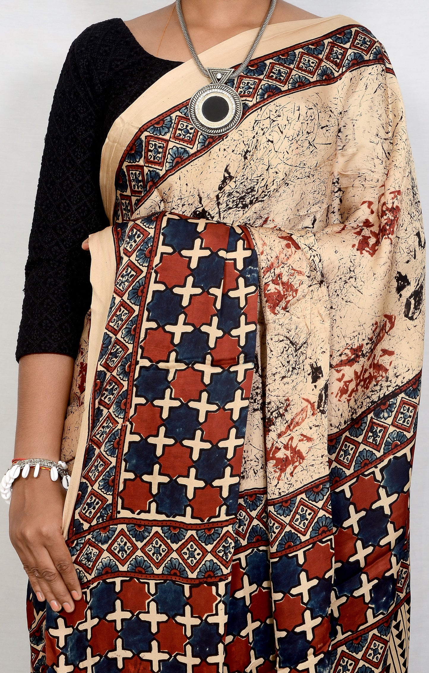 "Ivory Echo – White Ajrakh Saree in Modal Silk"