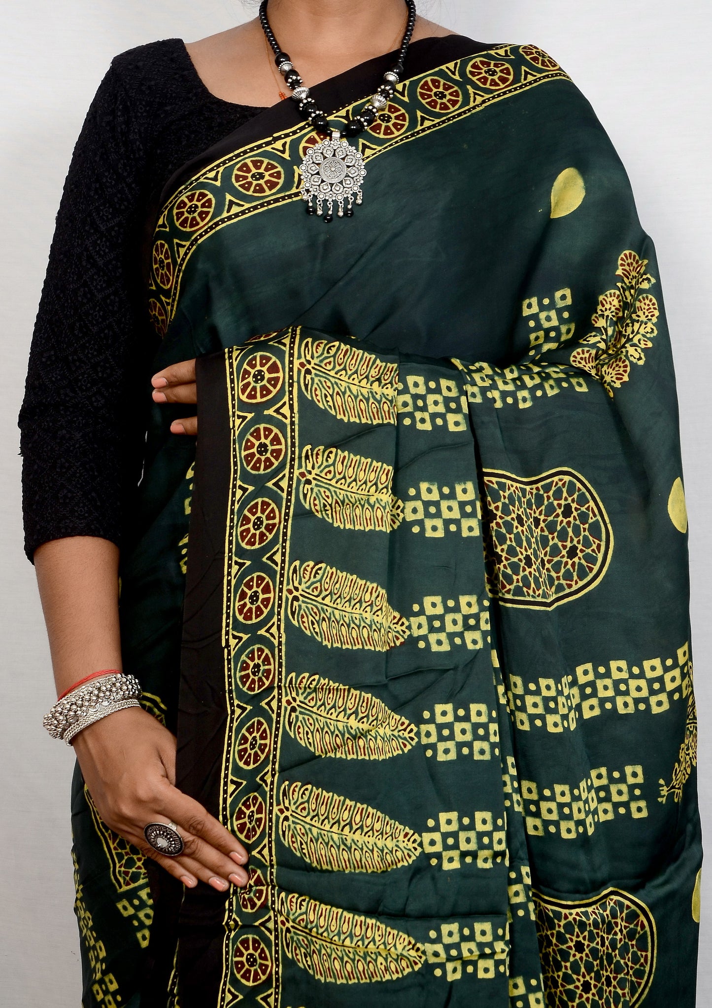 "Verdant Soul – Handcrafted Green Ajrakh Saree in Modal Silk"