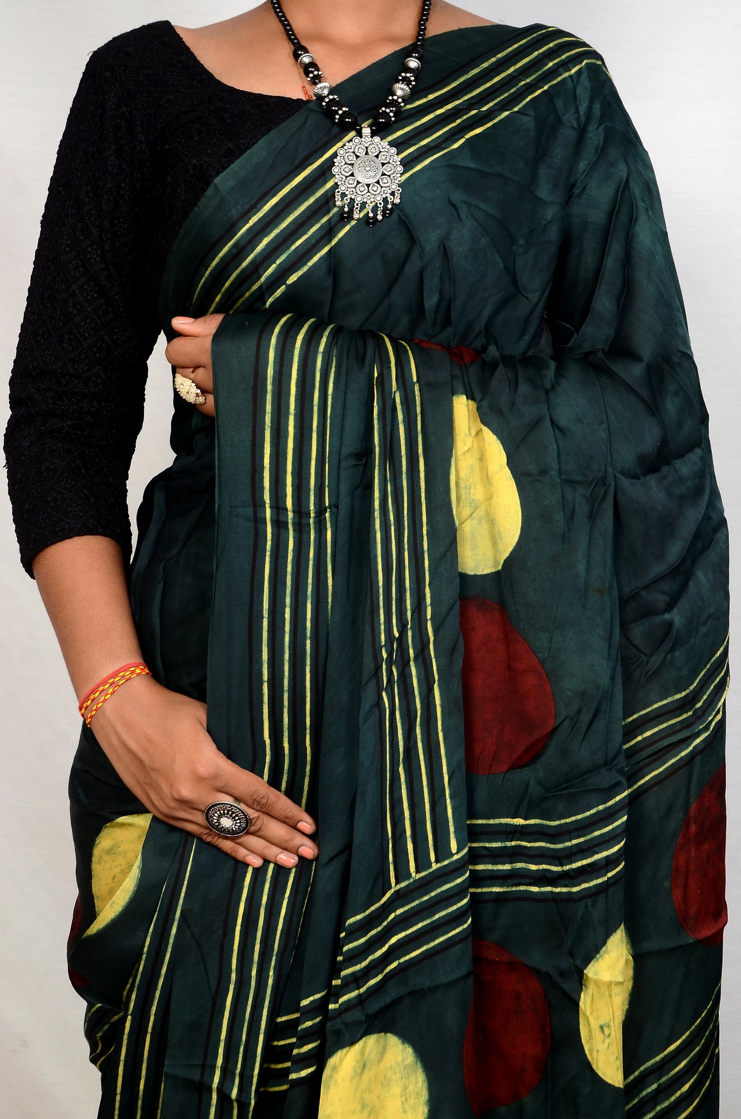 "Circle of Grace – Green Ajrakh Hand Block Print Saree in Modal Silk"