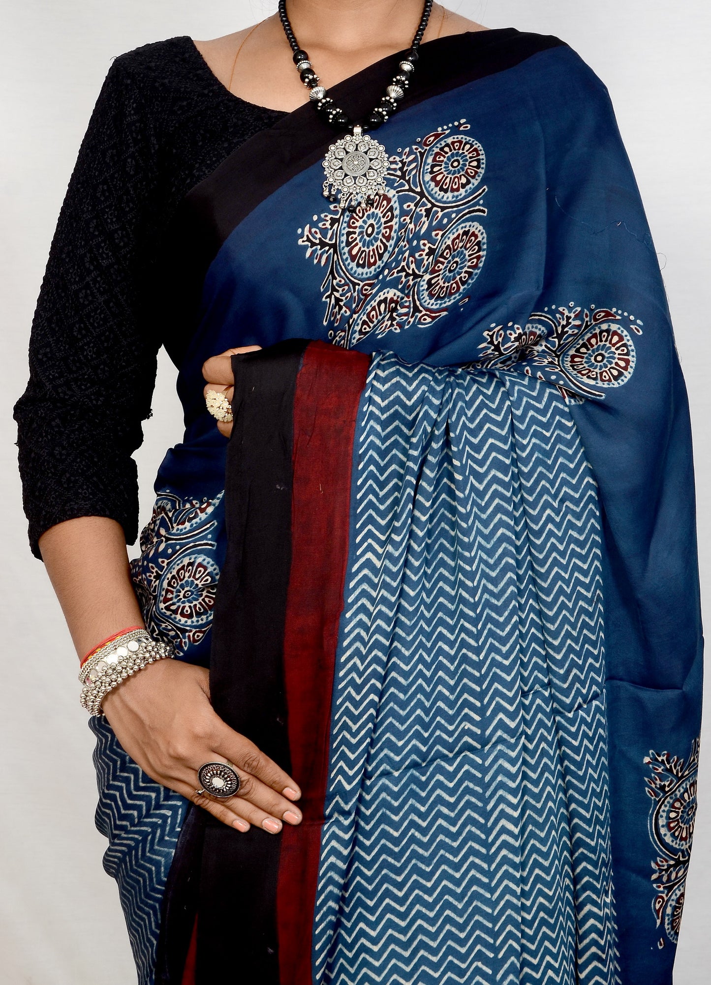 "Ocean Bloom – Blue Ajrakh Hand Block Print Saree in Modal Silk"