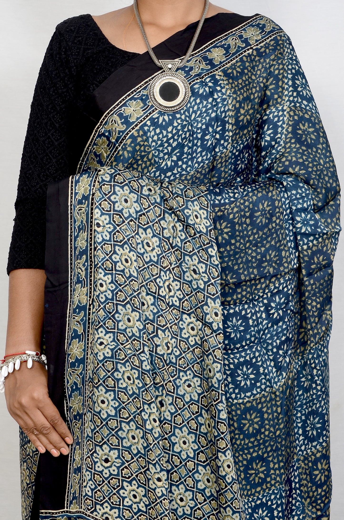 "Neela Sannata – Indigo Ajrakh Modal Silk Saree"