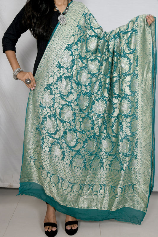 NeelRaag – Rama Green Bandhani Dupatta in Khaddi Georgette with Water Zari