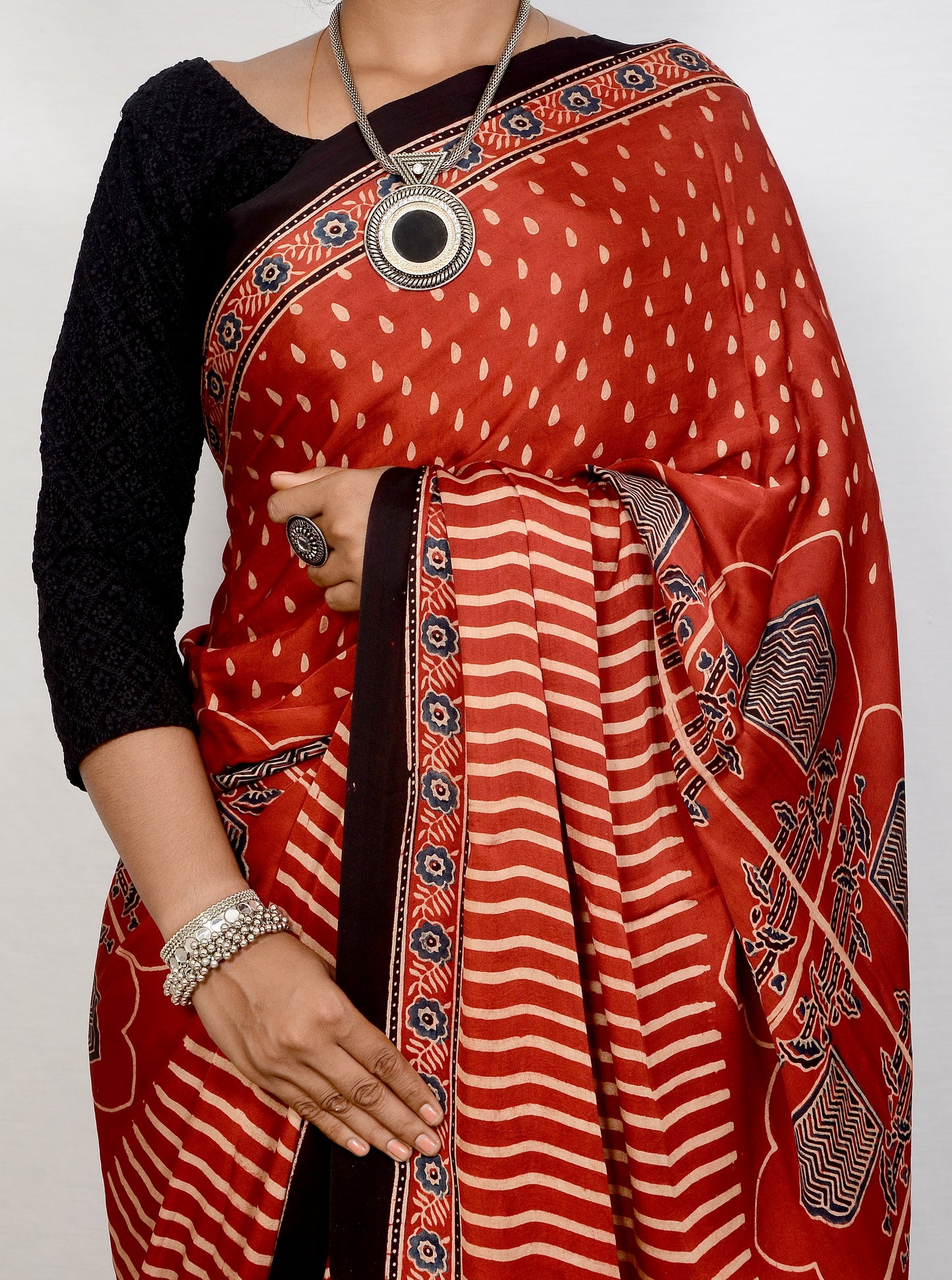 "Desert Garnet – Maroon Ajrakh Saree in Modal Silk"