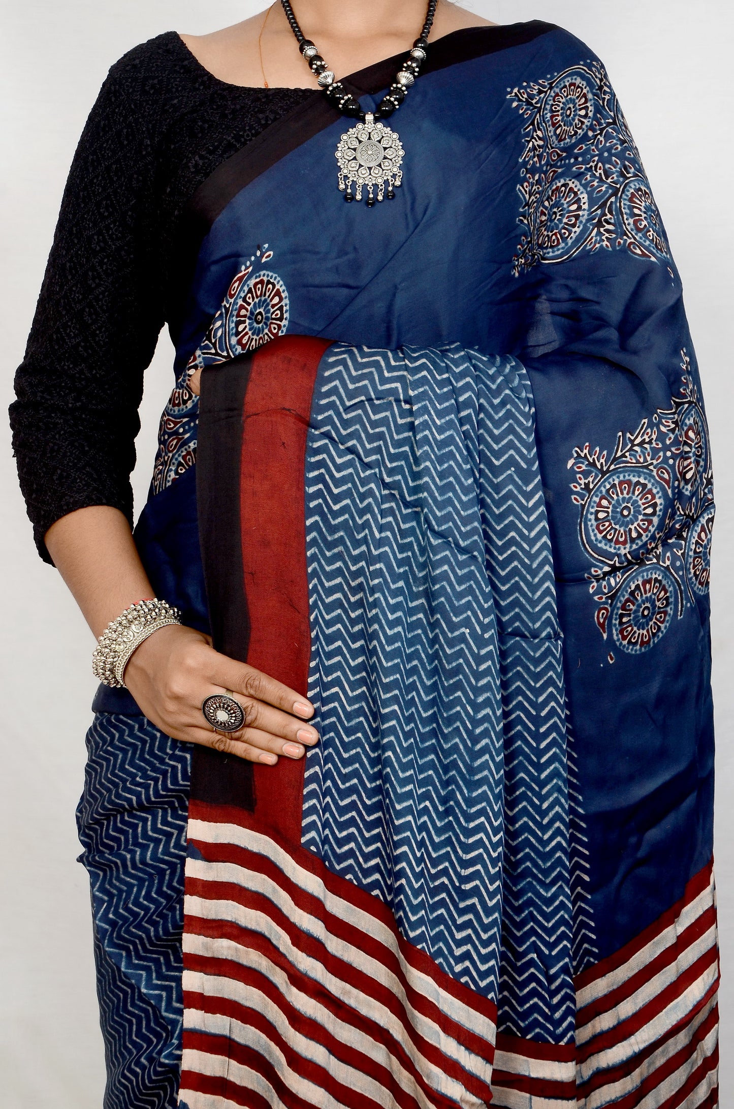 "Nila Veil – Blue Ajrakh Hand Block Print Saree in Modal Silk"