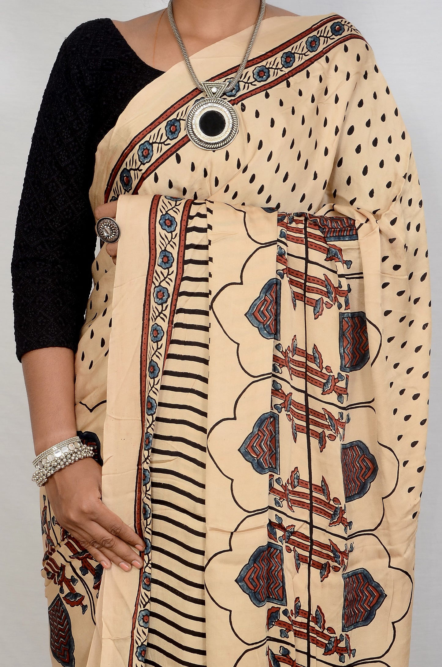 "Ivory Echo – White Ajrakh Hand Block Print Saree in Modal Silk"
