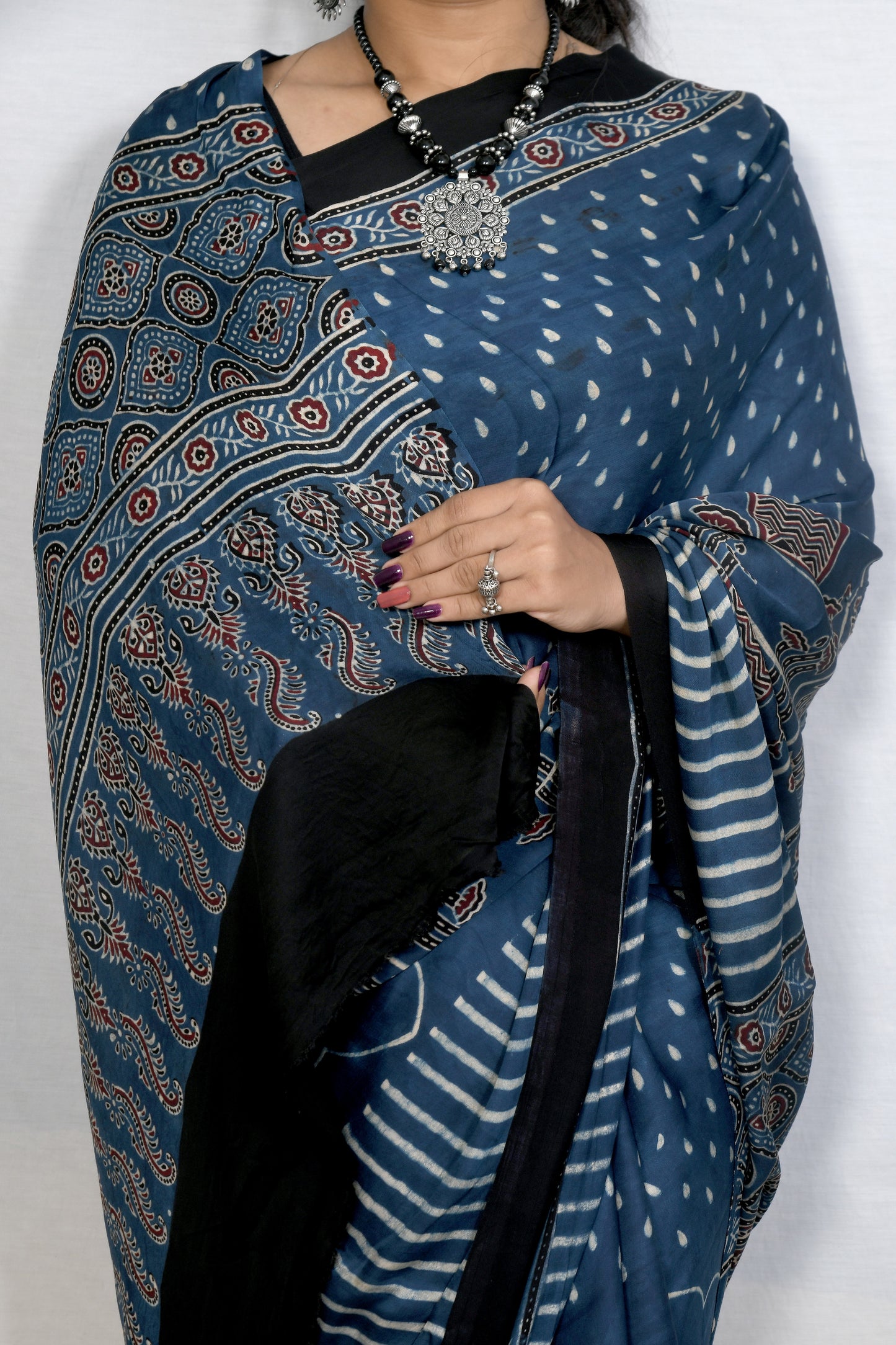Elegant Indigo Modal Silk Saree – Handcrafted Ajrakh Block Print