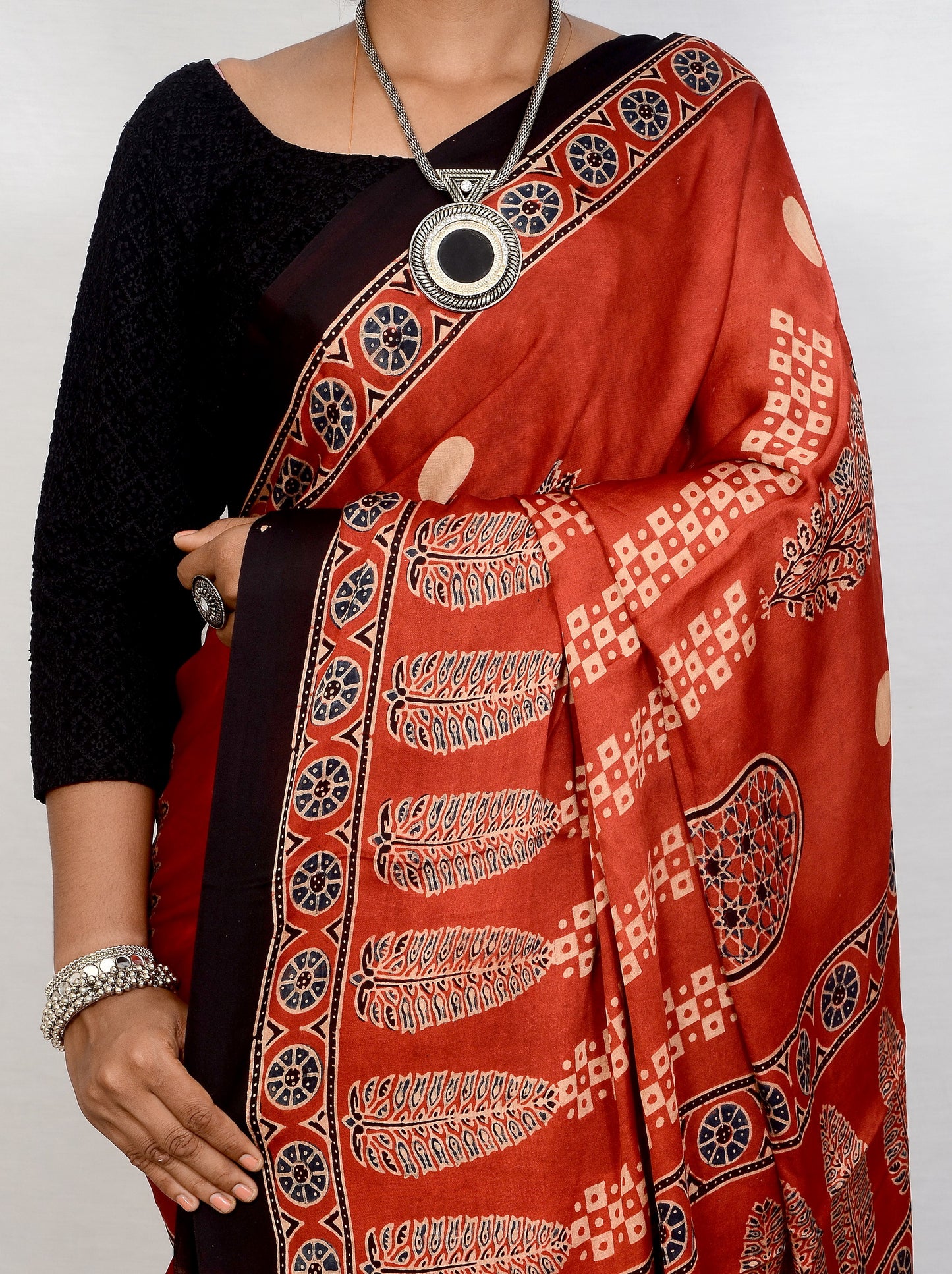 "Garnet Horizon – Maroon Ajrakh Hand Block Saree in Modal Silk"