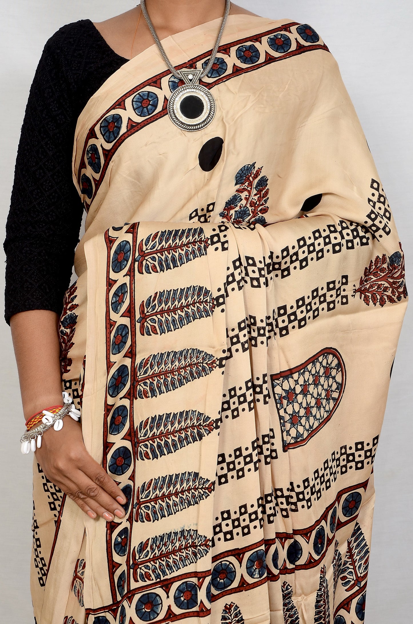 "Desert Pearl – White Ajrakh Saree in Modal Silk"