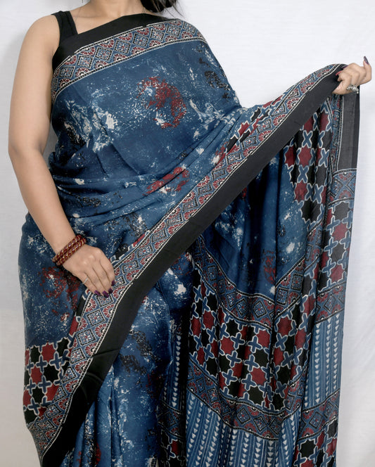 "Indigo Dusk – Handcrafted Ajrakh Saree in Modal Elegance"