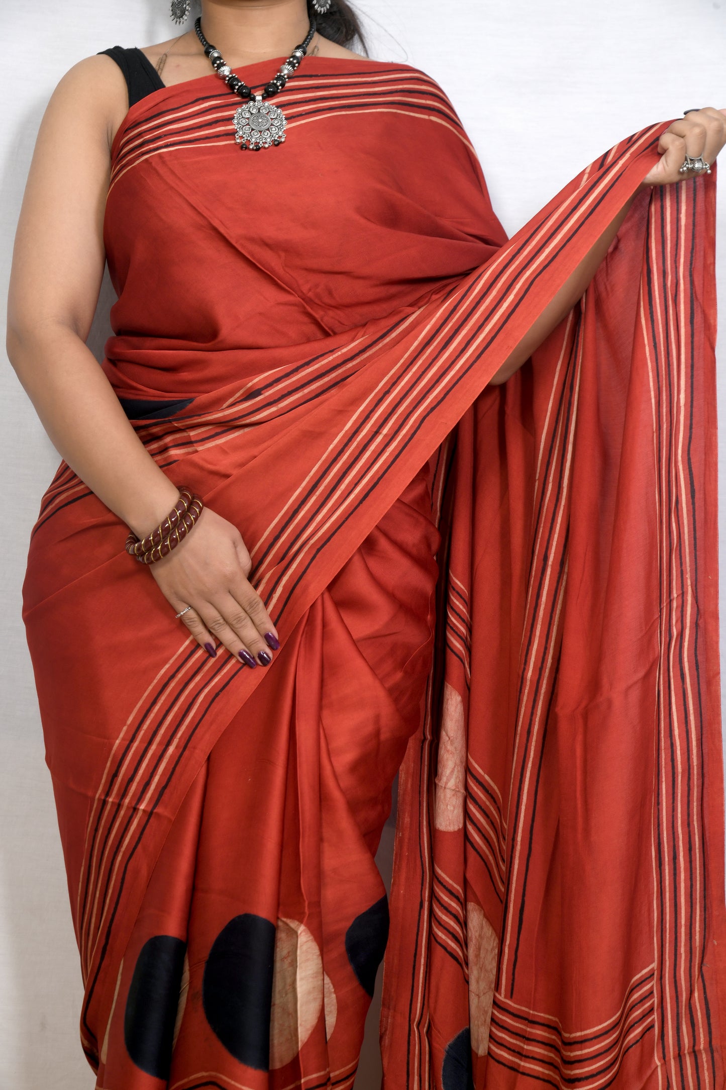 "Circle of Heritage – Maroon Ajrakh Saree in Natural Dyes"