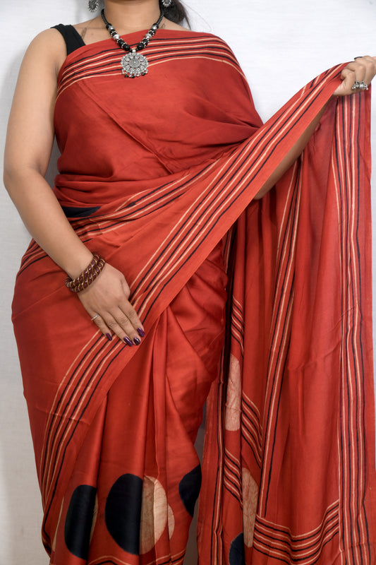 "Circle of Heritage – Maroon Ajrakh Saree in Natural Dyes"