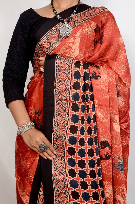 "Crimson Legacy – Maroon Ajrakh Hand Block Print Saree in Modal Silk"