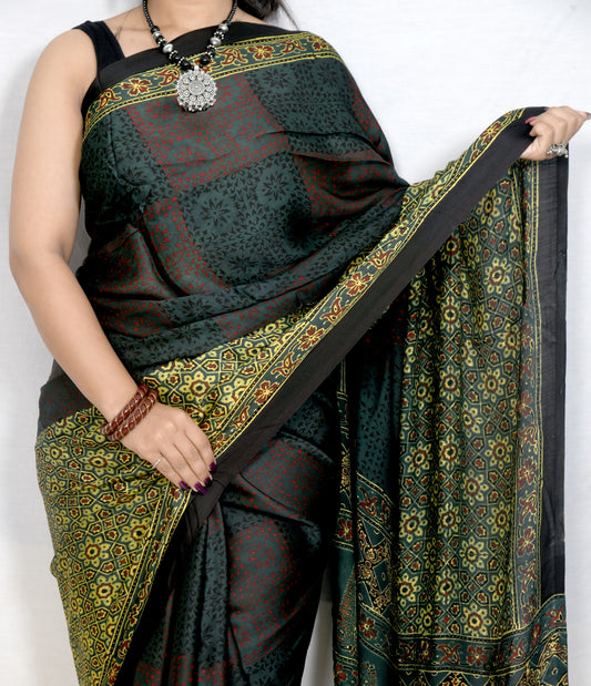 "Forest Grace – Green Ajrakh Hand Block Print Saree in Modal Silk"