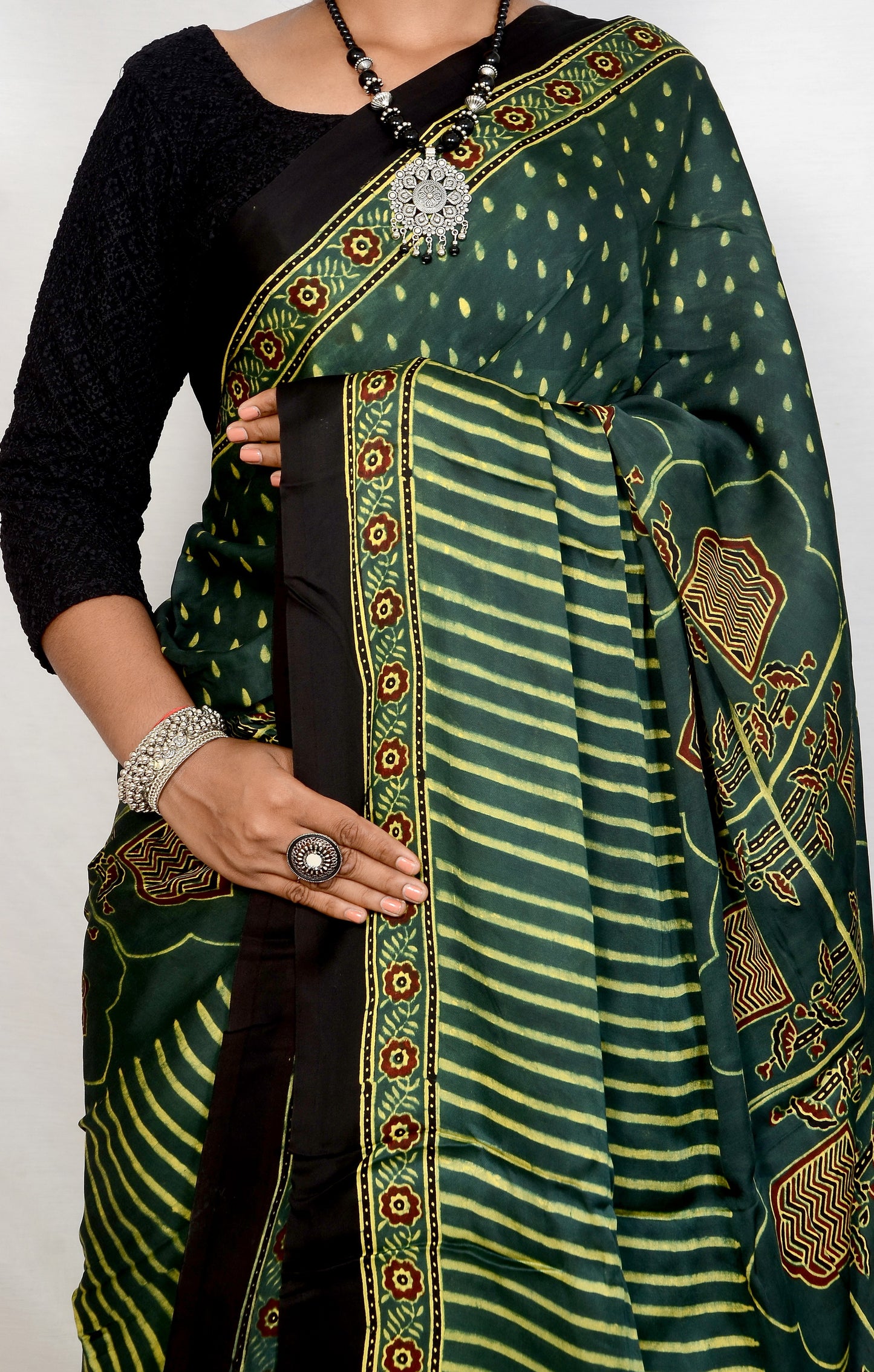 "Emerald Dusk – Green Ajrakh Hand Block Print Saree in Modal Silk"