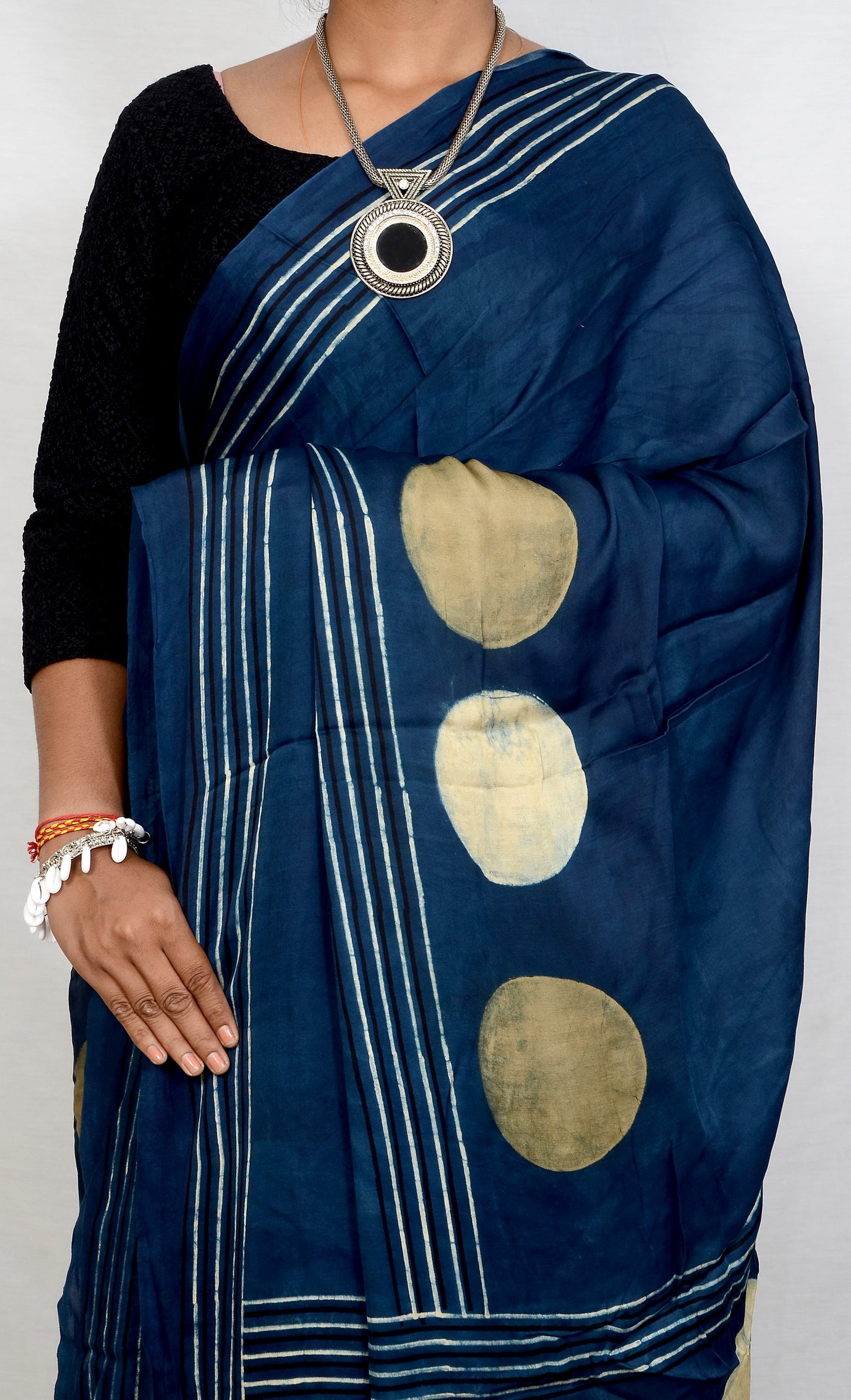 "Indigo Orbit – Blue Circle Motif Ajrakh Saree in Modal Silk"